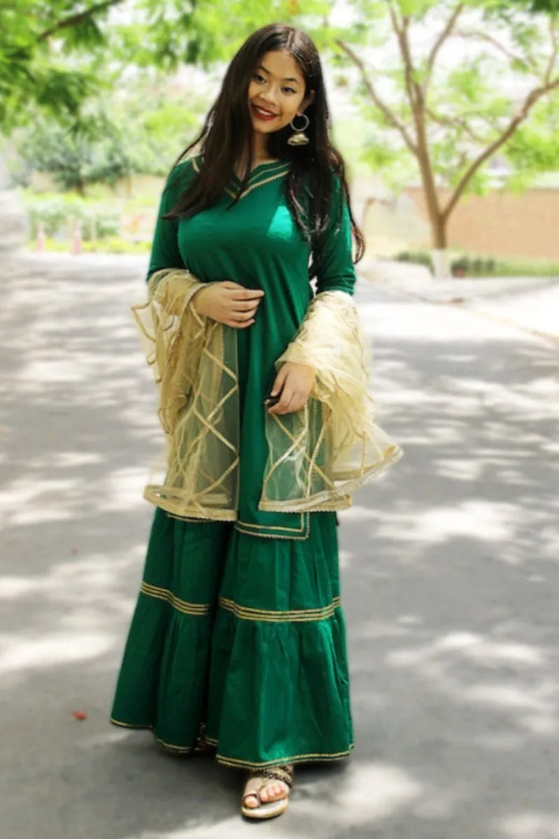 Emerald Green Maharani Kurti Gharara - Set of 2